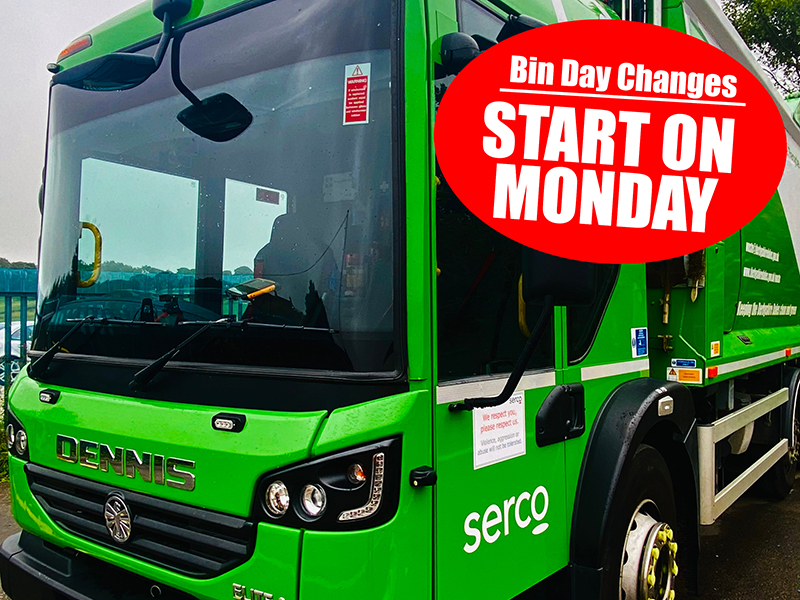 Serco Lorry with words stating: Bin day Changes start on Monday