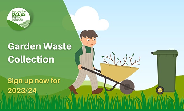 garden waste 2023 promotional graphic of cartoon man pushing wheelbarrow of garden waste towards a bin