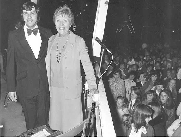 Long time compere Geoff Stevens MBE pictured with Crossroads star Noele Gordon when she opened the Illuminations