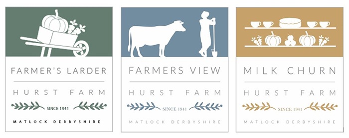 3 logos for the Hurst Farm farmer's larder, farmer's view and milk churn
