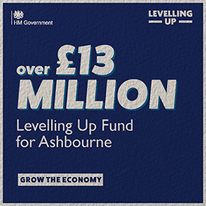 Government Levelling Up graphic which reads: over £13 million levelling up fund for Ashbourne. Grow the economy