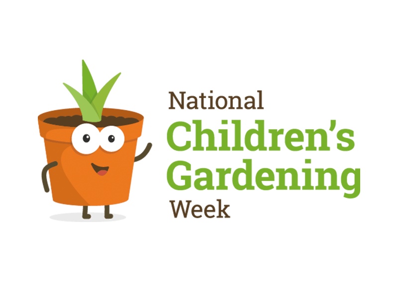 National Children's Gardening Week logo with cartoon plant pot happy face