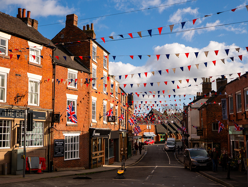 Ashbourne street with bunting - ready for Shrovetide
