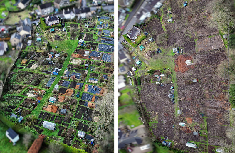 Drone photos showing the same allotments site before and after damage by diggers