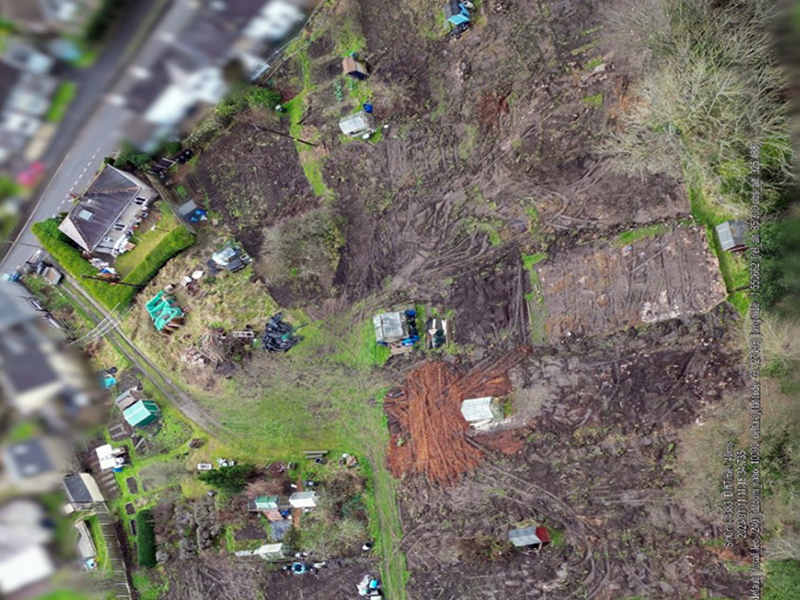 Drone photo showing damage done to Starkholmes Allotments