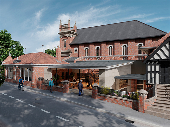 Artists impression of the exterior of Ashbourne Methodist Church with a new foyer linking the current buildings 