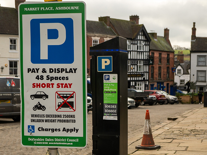Pay and display signage and parking meter in the Market Place Ashbourne