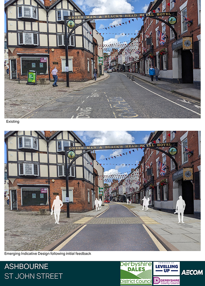 Before and after images show wider footways and new and improved crossings on St John Street in Ashbourne town centre