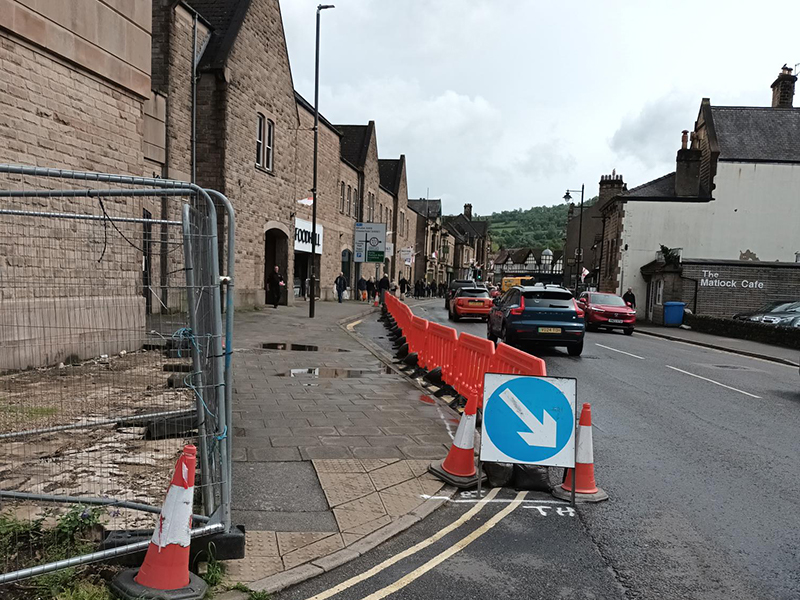 Cones cordoning off the area in front of M&S on Matlock's Bakewell Road